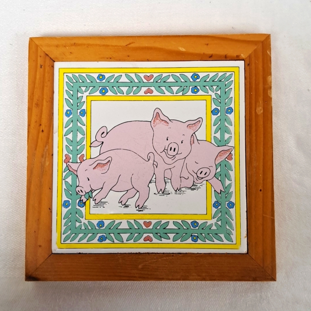 Vintage 1988 "Carthy Endeavors" artist made ceramic tile of 3 little pigs framed